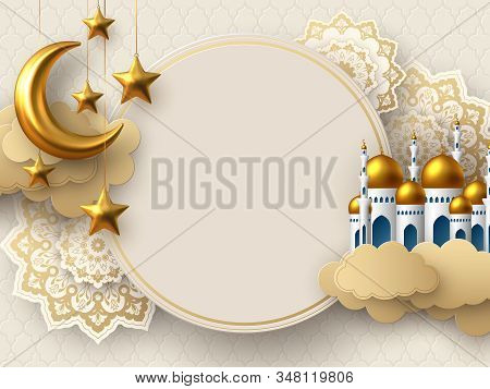 Ramadan Kareem Vector Card With 3d Golden Metal Crescent, Stars, Paper Cut Clouds, Mosque And Flower