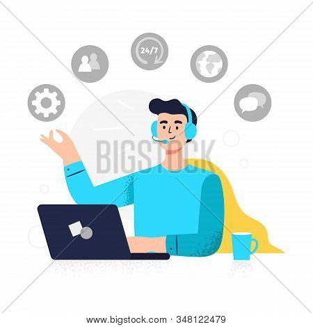 Modern Customer Service Illustration. Positive Man Answers Phone Calls, Chatting With Customers And 