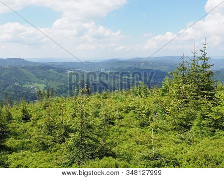 Green Panorama Of Silesian Beskids Mountains Range Landscapes Near Salmopol Pass Above European City