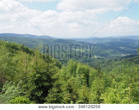 Beautiful Panorama Of Silesian Beskids Mountains Range Landscapes Near Salmopol Pass Above European 