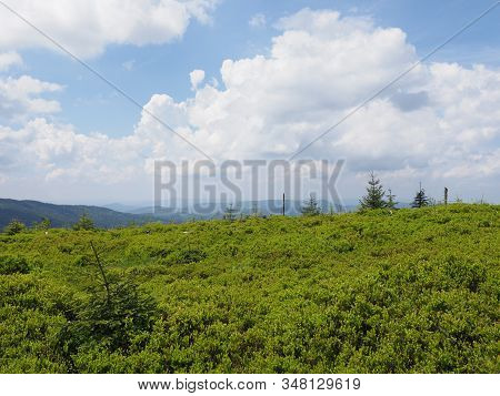 View To Silesian Beskids Mountains Range Landscapes Near Salmopol Pass Above European City Of Szczyr