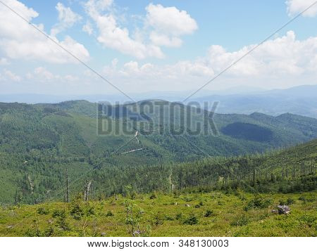 Brilliant Silesian Beskids Mountains Range Landscapes Near Salmopol Pass Above European City Of Szcz