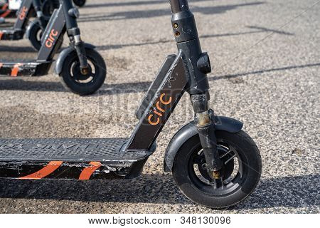 Lisbon, Portugal - January 17, 2020: Circ Scooters For Rent On A Sidewalk In Lisbon. This Is A Berli