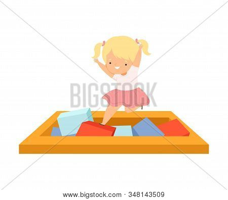 Cute Blonde Little Girl Playing In A Pool With Soft Colorful Cubes, Active Children Leisure Vector I