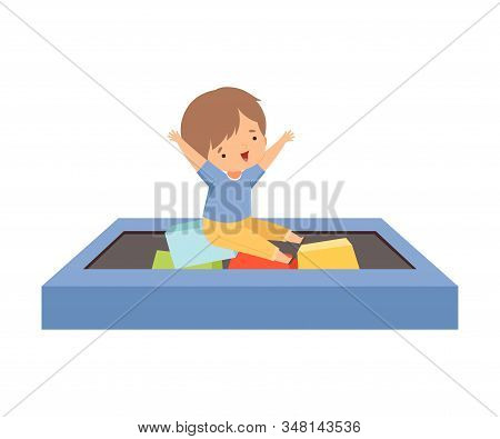 Cute Little Boy Playing In A Pool With Soft Colorful Cubes, Active Children Leisure Vector Illustrat