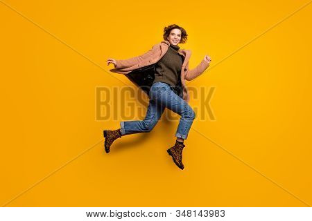 Full Body Profile Photo Of Funny Pretty Lady Jump High Up Rushing Shopping Center Discounts Wear Cas