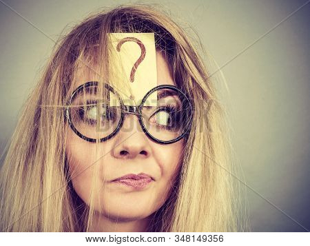 Mental Effort, Finding Problem Solution Face Expression Concept. Tired Crazy Woman Wearing Nerd Geek