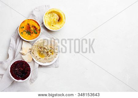Set Of Vegetarian Middle Eastern Arabian Eggplant,sweet Potato And Beet Dip Baba Ganoush Or Mutabbal