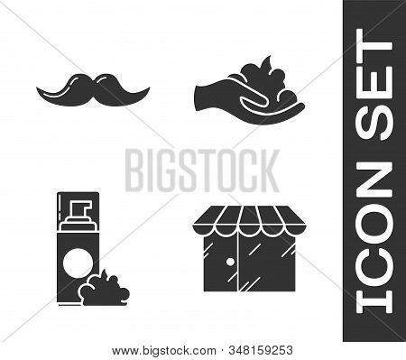Set Barbershop Building, Mustache, Shaving Gel Foam And Shaving Gel Foam On Hand Icon. Vector