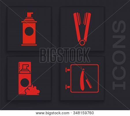 Set Barbershop With Razor, Shaving Gel Foam, Curling Iron For Hair And Shaving Gel Foam Icon. Vector