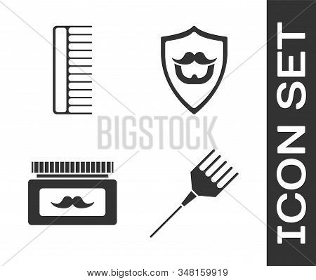 Set Hairbrush, Hairbrush, Cream Or Lotion Cosmetic Jar And Mustache And Beard On Shield Icon. Vector