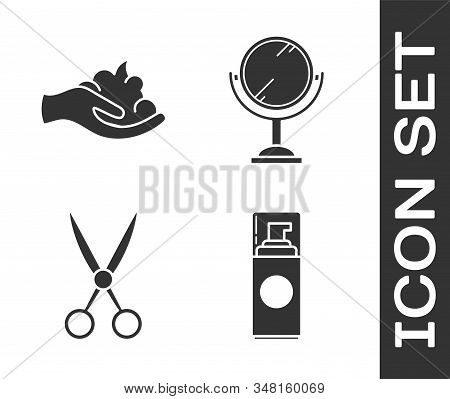 Set Shaving Gel Foam, Shaving Gel Foam On Hand, Scissors Hairdresser And Hand Mirror Icon. Vector