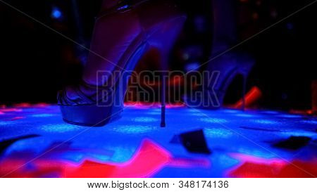 High Heels Of Professional Go-go Dancer Performing At Nightclub, Close-up