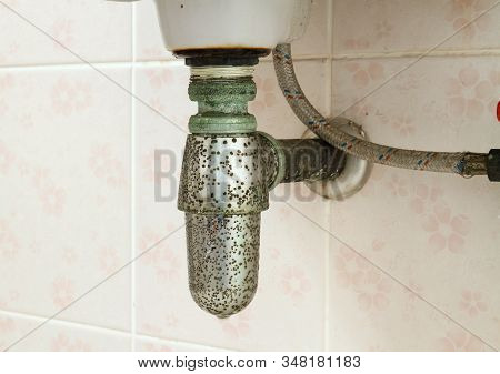 Basin Sewer Drainage Pipe System Old Rusty Dirty And Leaked