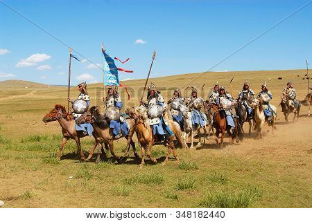 Ulaanbaatar, Mongolia - August 17, 2006: Mongolian Horse Riders Take Part In The Traditional Histori