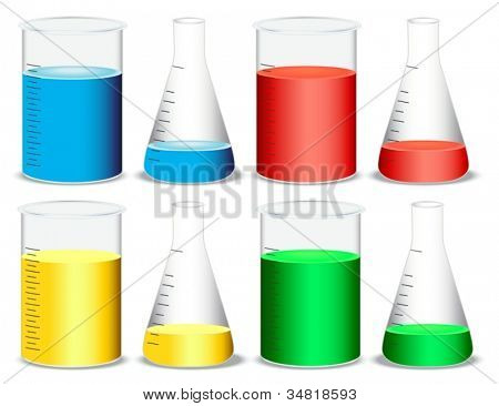Abbildung von Glas und konische Flaschen auf weißem Hintergrund