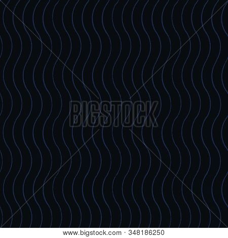 Vector Abstract Black Vertical Wavy Line Pattern, Summer Mood On Blue Background. Beachy Costal Desi