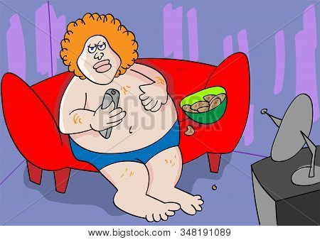 Funny Couch Potato Sedentary Lifestyle Cartoon Vector Illustration