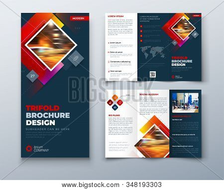 Trifold Brochure Design With Square Shapes, Corporate Business Template For Trifold Flyer. Creative 