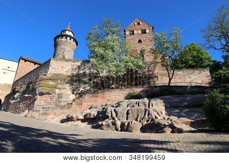 Nuremberg Castle View With Sinwell Tower. Landmark In Germany.