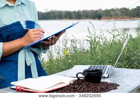 The Woman Inspected The Coffee Bean Quality And Recorded The Results.