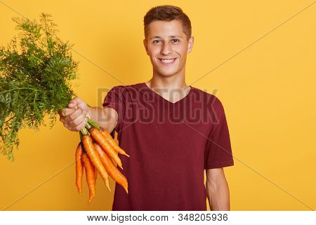 Inddor Shot Of Handsome Man Holding Bunch Of Fresh Carrots Isolated Over Yellow Background, Wearing 
