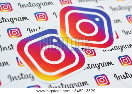 Instagram Pattern Printed On Paper With Small Instagram Logos And Inscriptions. Instagram Is America