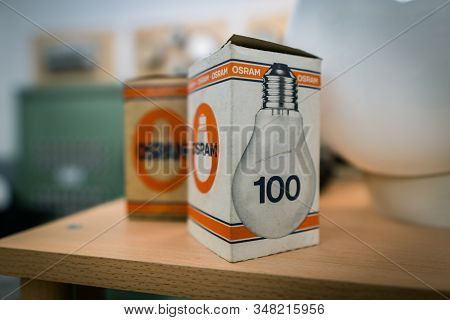 Augsburg, Germany - January 25, 2020: Two Old Osram Boxes On A Wooden Shelf