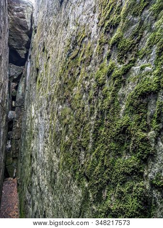 Megalithic rock structures with crevices within Szczeliniec sanstone ravine, Table Mountain National Park, Poland