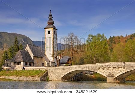 Church Of St. John The Baptist At Lake Bohinj, Stara Fuzina, Triglav National Park, Slovenia.