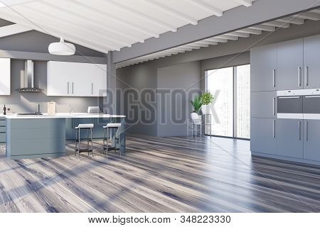 Attic Gray Kitchen With Bar And Ovens