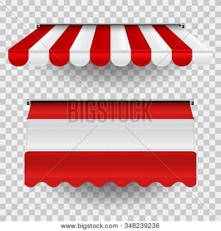 Set Of Commercial Vector Awnings. Market, Cafe, Or Restaurant Desing Elements. Red And White Striped