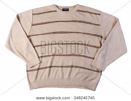 Knitted Hakki Brown Beige Color Sweater Isolated On A White Background. Mens Sweater Under The Neck 