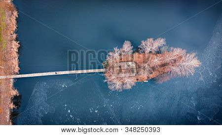 Morning Landscape, Wooden Hunting Lodge, On A Small Man-made Island.