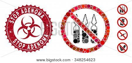 Mosaic No Ampoules Icon And Rubber Stamp Watermark With Stop Adenoma Phrase And Biohazard Symbol. Mo
