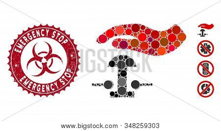 Mosaic Emergency Stop Icon And Distressed Stamp Watermark With Emergency Stop Text And Biohazard Sym