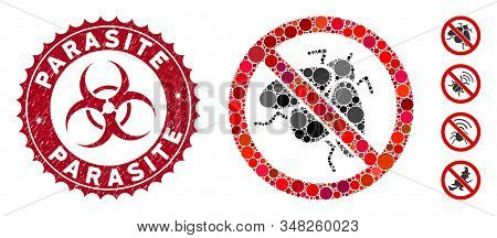 Mosaic No Fly Insect Icon And Distressed Stamp Seal With Parasite Caption And Biohazard Symbol. Mosa