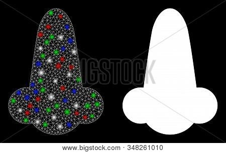 Bright White Mesh Human Nose With Glare Effect. Abstract Illuminated Model Of Human Nose. Shiny Wire