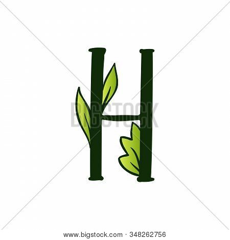 Green Doodling Eco Alphabet Letter H.type With Leaves. Isolated Latin Uppercase. Typography Bold Spr