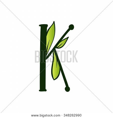 Green Doodling Eco Alphabet Letter K.type With Leaves. Isolated Latin Uppercase. Typography Bold Spr