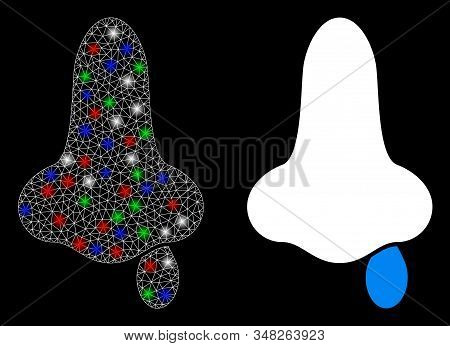 Bright White Mesh Nose Flu With Glitter Effect. Abstract Illuminated Model Of Nose Flu. Shiny Wire F