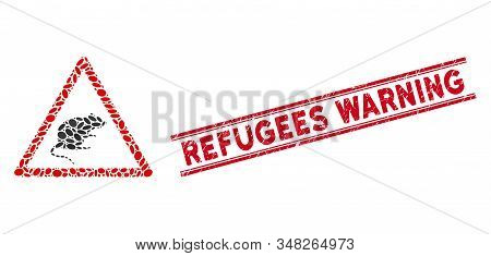 Mosaic Rat Warning Icon And Grunge Stamp Seal With Red Refugees Warning Caption Between Double Paral