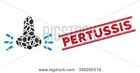 Mosaic Infected Nose Icon And Corroded Stamp Seal With Red Pertussis Caption Between Double Parallel
