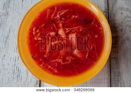 Traditional Ukrainian Russian Vegetable Borscht On The Old Wooden Background. Borscht. Borsch With Q