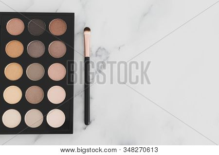 Beauty Industry And Make-up Products, Eyeshadow Palettes With Nudes And Bronzy Tones With Brushes