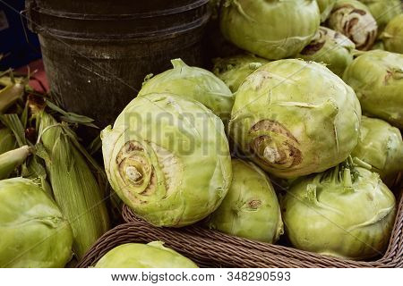 Baskets Of Kohlrabi For Sale At A Farmers Market In Copley Square On A Fall Day. Brassica Oleracea G