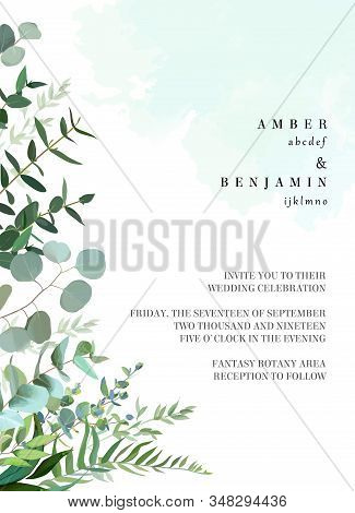 Herbal Vector Frame. Hand Painted Plants, Branches, Leaves On Painted Teal Blue Dye Background. Gree