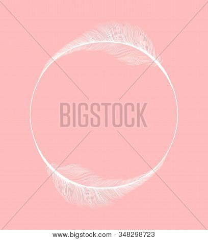 Feathers Frame Circle On Vector Pink Background, Wedding And Save The Date Invitation Card Design Te