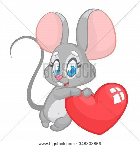 Cartoon Cute Mouse  Holding A Love Heart. Illustration For St Valentines Day