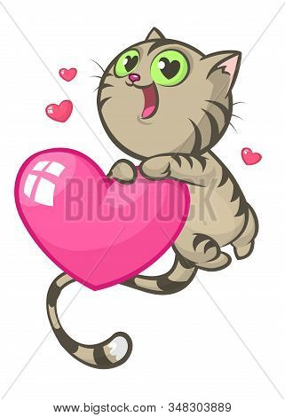 Cartoon Funny Kitty Holding A Heart Love. Illustration For St Valentines Day.